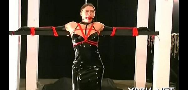  Naked honey stands with her large boobs tied up in ropes
